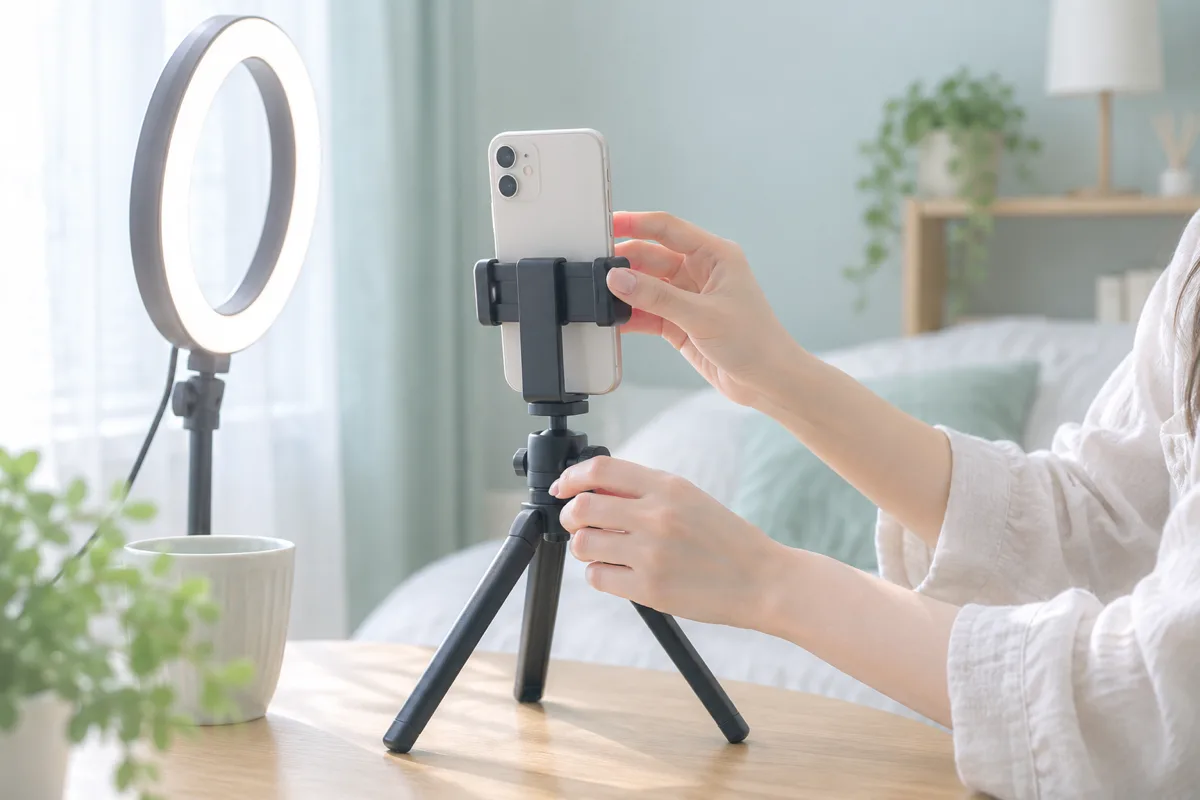 スマホスタンドとリングライトを自室の机に置いて配信の準備をしているところ
