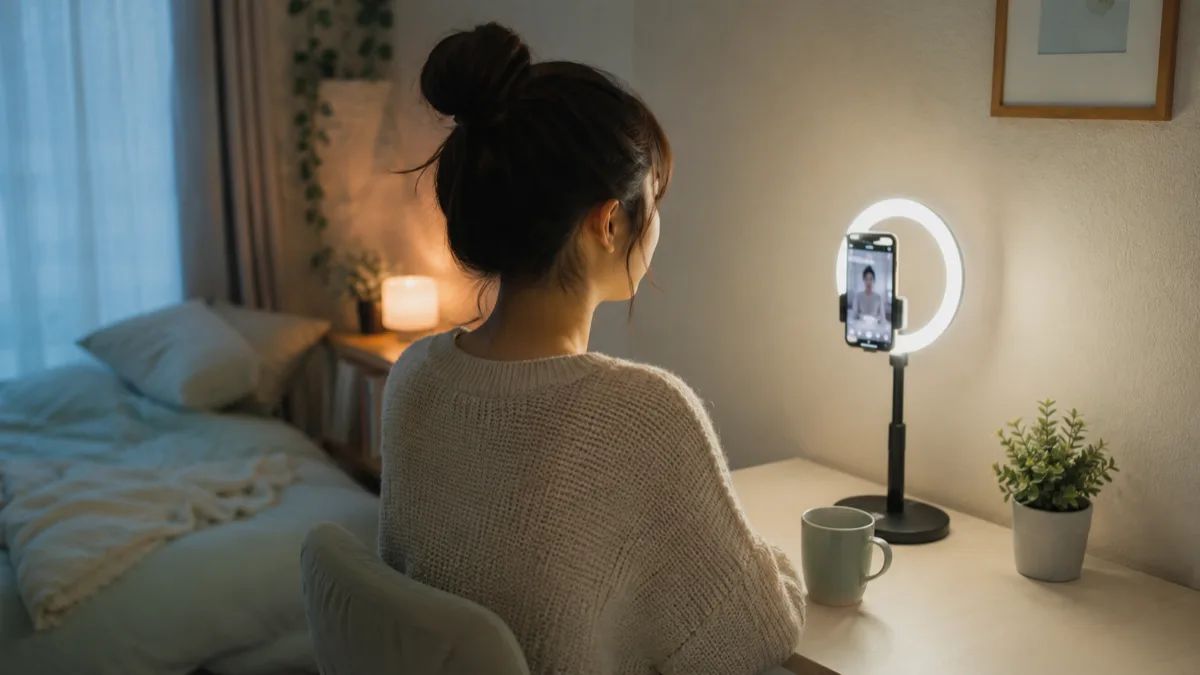 自室でスマホを立てて配信の準備をしている様子